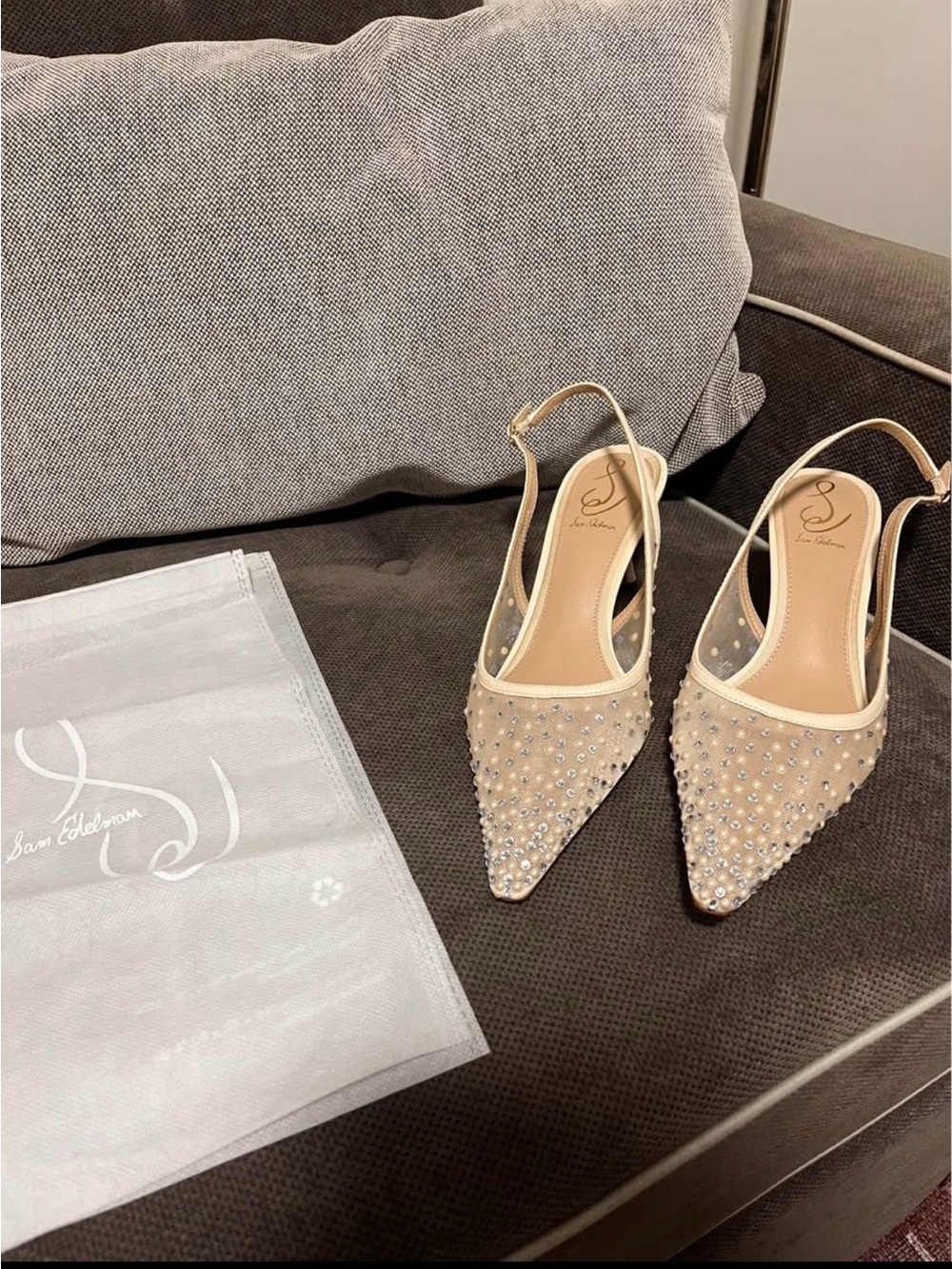 Sam Edelman Nude Crystal Embellished Pointed Slingback Heels